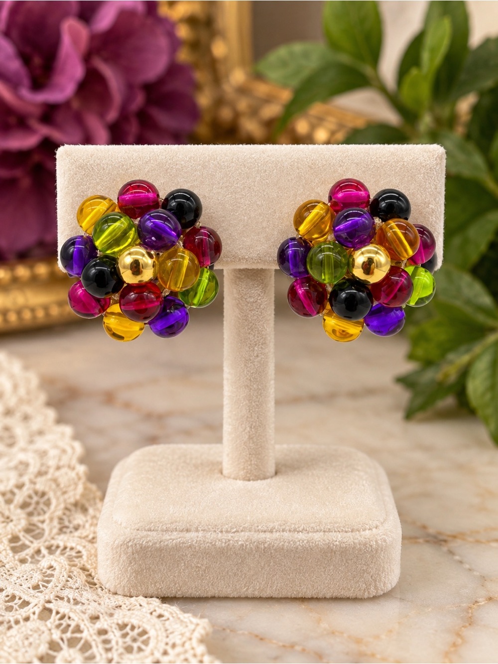 Fruit Salad Cluster Clip On Earrings Colorful Lucite Beads Statement Jewelry